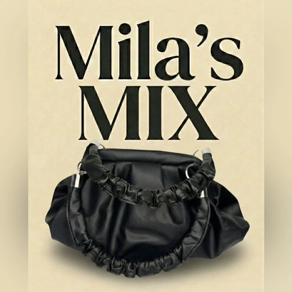 Black Ruched Top Handle Dumpling Bag Soft Vegan Leather Cloud Purse - Picture 7 of 7